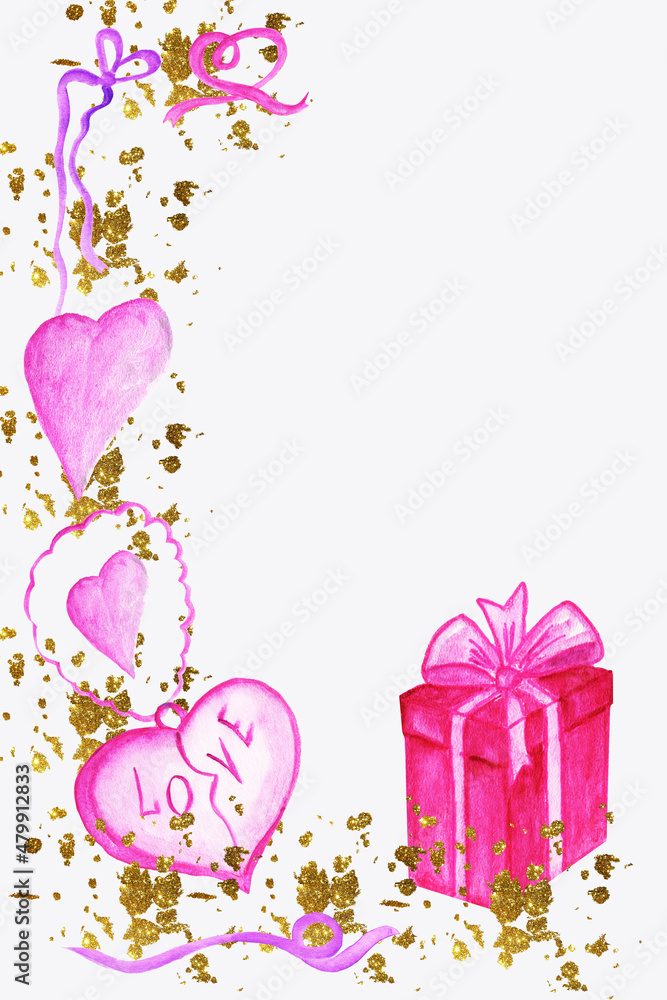 Watercolor valentine cards with red hearts with the words love with golden splashes with gifts ,red balloons in the form of a heart ,perfume, envelope,two love mugs.