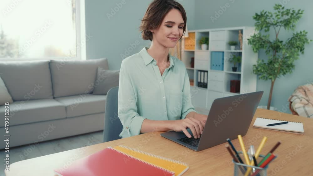 Ceo hr lady sit table use device chat web partners in modern workstation Ceo hr lady sit table use device chat web partners in modern workstation