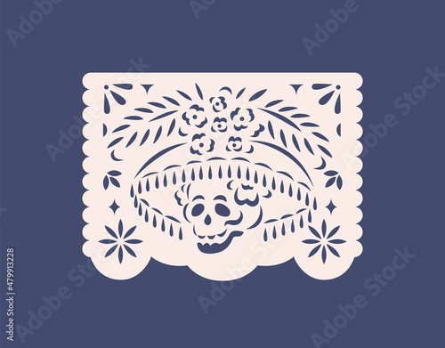 Papel Picado, paper flag for Day of the Dead, Dia de los Muertos. Mexican pecked banner with skull and flowers ornament. Traditional ethnic Mexico decoration with skeleton. Flat vector illustration