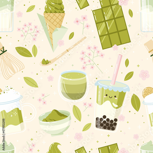 seamless pattern with matcha green tea drinks and sweets