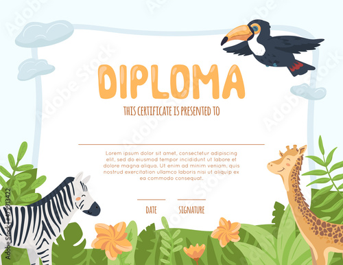 Kids diploma template with cute safari animals. Certificate for kindergarten, primary grades with toucan in sky, zebra and giraffe in tropical green leaves. Summer background. Vector cartoon print