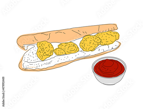 Fried mussels hand drawn vector design. Fast food menu design elements. Design element for poster, menu, flyer, banner, menu, package. Vector.