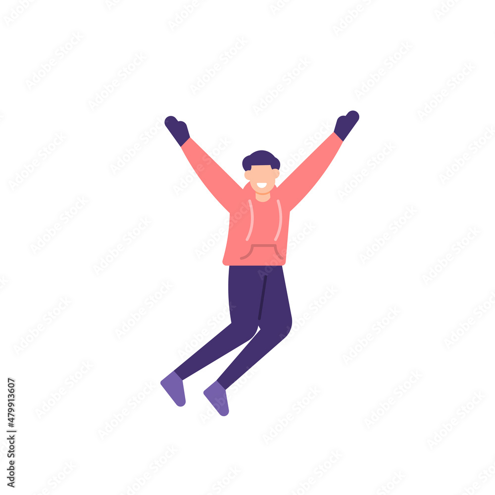 Fototapeta premium illustration of a boy jumping for joy. happy people. celebrate and enjoy an event, party or festival. wearing a winter jacket. flat cartoon style. vector design