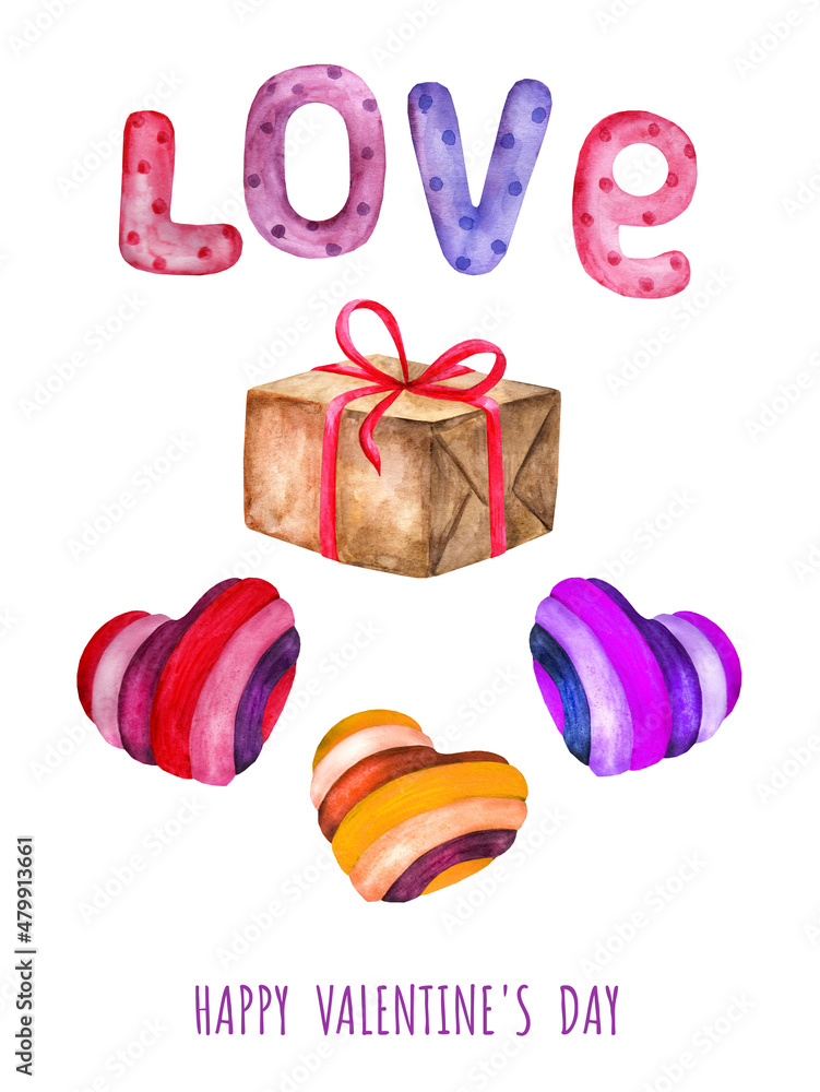 Obraz premium Watercolor illustration of the hand-painted word Love and gifts