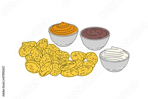 Fried mussels hand drawn vector design. Fast food menu design elements. Design element for poster, menu, flyer, banner, menu, package. Vector.