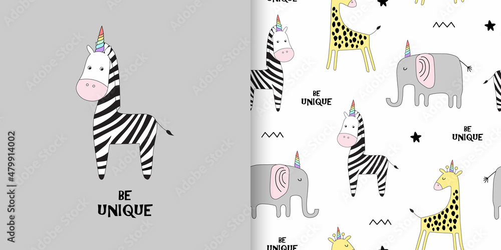 Fototapeta premium Iliustration and seamless childish pattern with cute animals witn horn