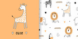 Illustration and seamless childish pattern with cute animals in black and white style