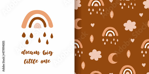 Set of card and seamless pattern with moon, cloud and rainbow in the sky.  Boho collection