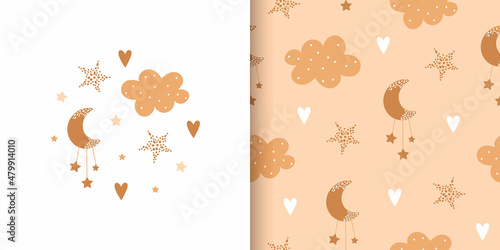 Set of card and seamless pattern with moon, cloud and rainbow in the sky.  Boho collection