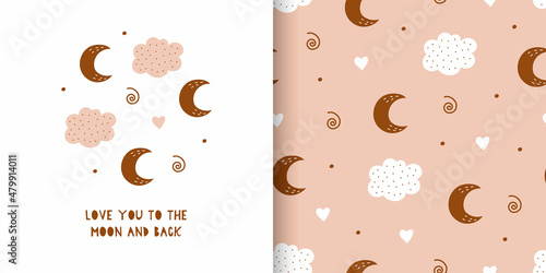 Set of card and seamless pattern with cloud and rainbow in the sky. Boho collection