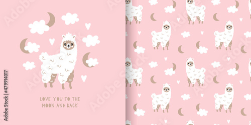 Cute illustration and seamless pattern with lamas, clouds, moon, stars