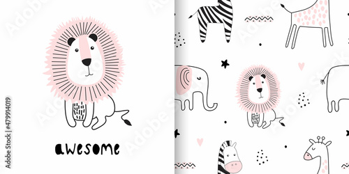 Illustration and seamless childish pattern with cute animals in black and white style