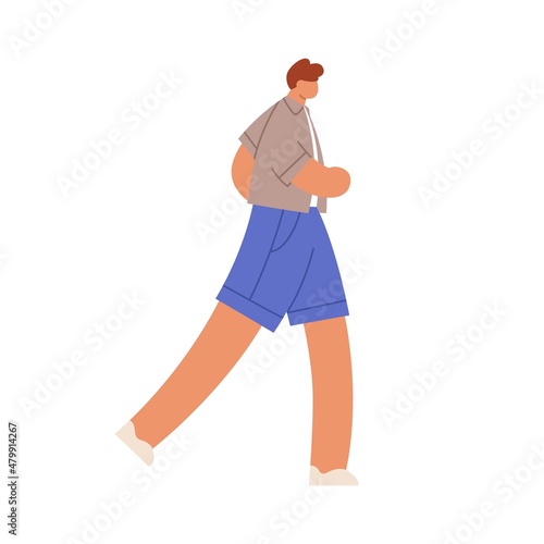 Man walking fast, rushing. Faceless person going and hurrying. Young guy in c...