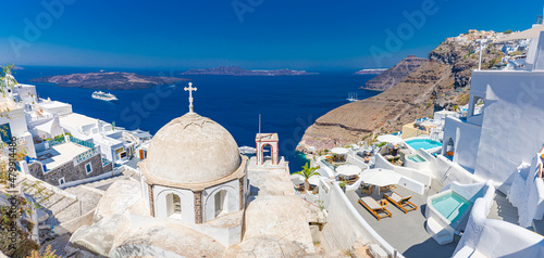 Wide morning panorama of Santorini island. Picturesque summer travel landscape on the famous Greek resort destination Greece, Europe. Traveling concept background. Amazing caldera view, white houses