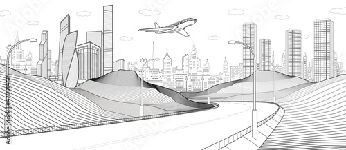 Black and white Infrastructure illustration. Highway in mountains. Modern city at background, tower and skyscrapers, business building. Vector design outlines art