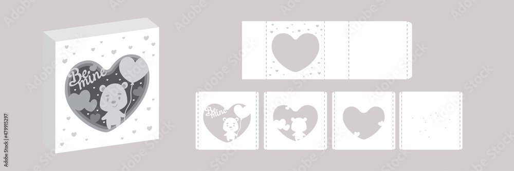 Valentine's day paper carve tunnel card bear with balloon. 3D popup layers card. Modern origami design template. 3d paper lightbox template. Vector stock illustration. Valentine's day paper carve tunnel card bear with balloon. 3D popup layers card. Modern origami design template. 3d paper lightbox template. Vector stock illustration.