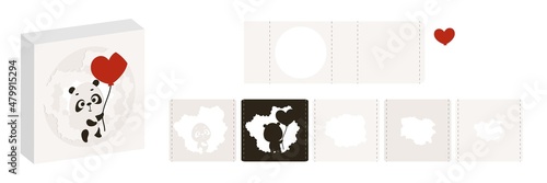 Valentine's day paper carve tunnel card panda with balloon. 3D popup layers card. Modern origami design template. 3d paper lightbox template. Vector stock illustration.