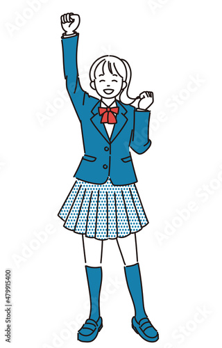 拳を突き上げて喜ぶ女子学生のシンプルイラスト