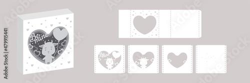 Valentine's day paper carve tunnel card goat with balloon. 3D popup layers card. Modern origami design template. 3d paper lightbox template. Vector stock illustration.