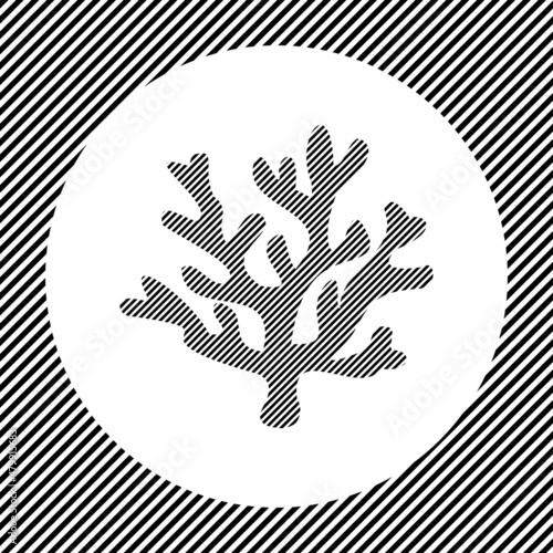 A large coral symbol in the center as a hatch of black lines on a white circle. Interlaced effect. Seamless pattern with striped black and white diagonal slanted lines