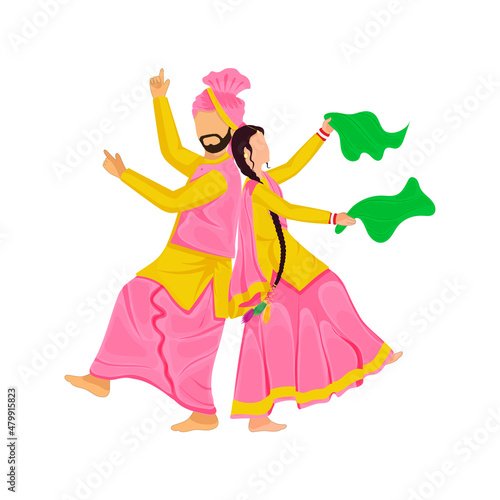 Young Punjabi Couple Doing Bhangra Dance On White Background.