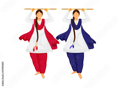 Young Punjabi Ladies Holding Wooden Sticks In Standing Pose.