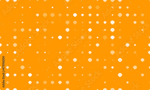 Seamless background pattern of evenly spaced white sea shell symbols of different sizes and opacity. Vector illustration on orange background with stars