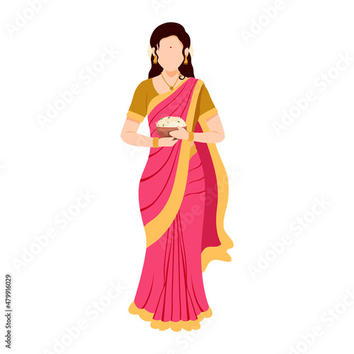 South Indian Young Woman Holding Traditional Dish (Rice) In Standing Pose. photo