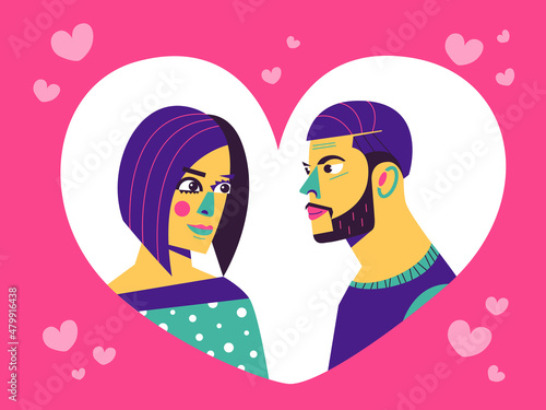 Abstract couple in love - vector greeting card, illustration. The man and woman look at each other. Declaration of love.