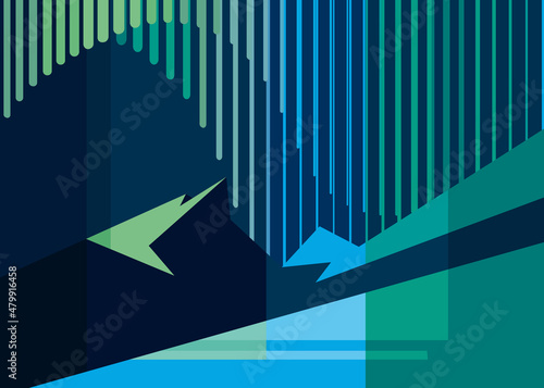 Banner with aurora borealis and mountains. Placard design in abstract style.