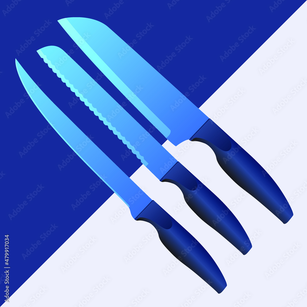 Obraz premium set of two realistic kitchen knives isolated on white and blue background, Vector illustration, chef knife, Cutlery icon set