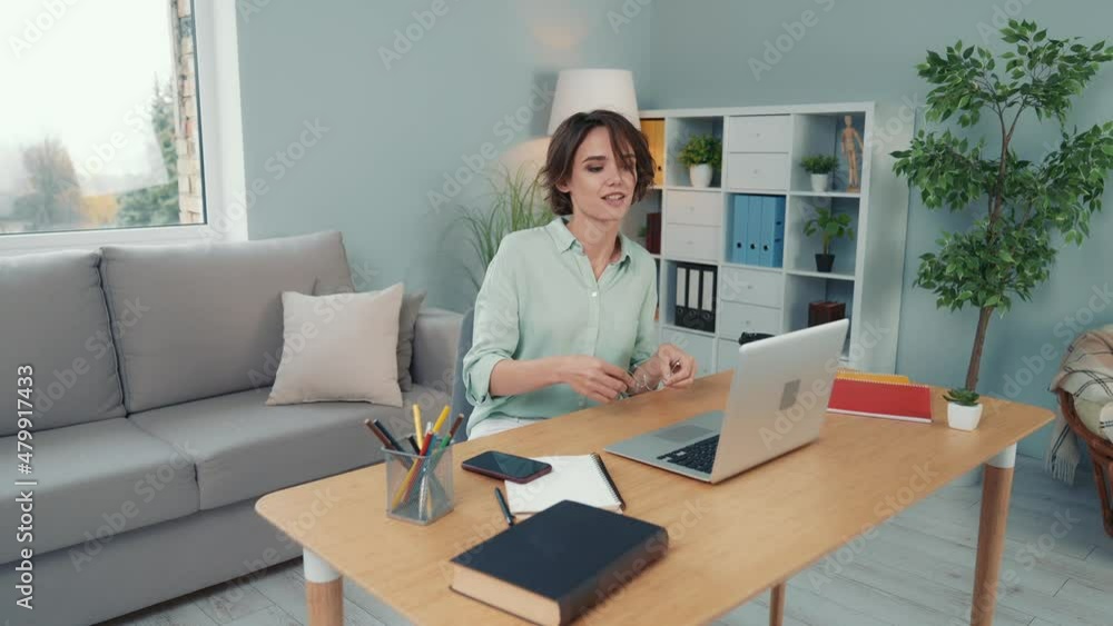 Lady prepare project netbook break pause lying couch in modern workspace Lady prepare project netbook break pause lying couch in modern workspace