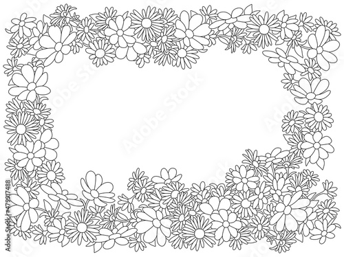 Festive cartoony frame border decorated with spring and summer garden flowers, black and white outline vector cartoon illustration