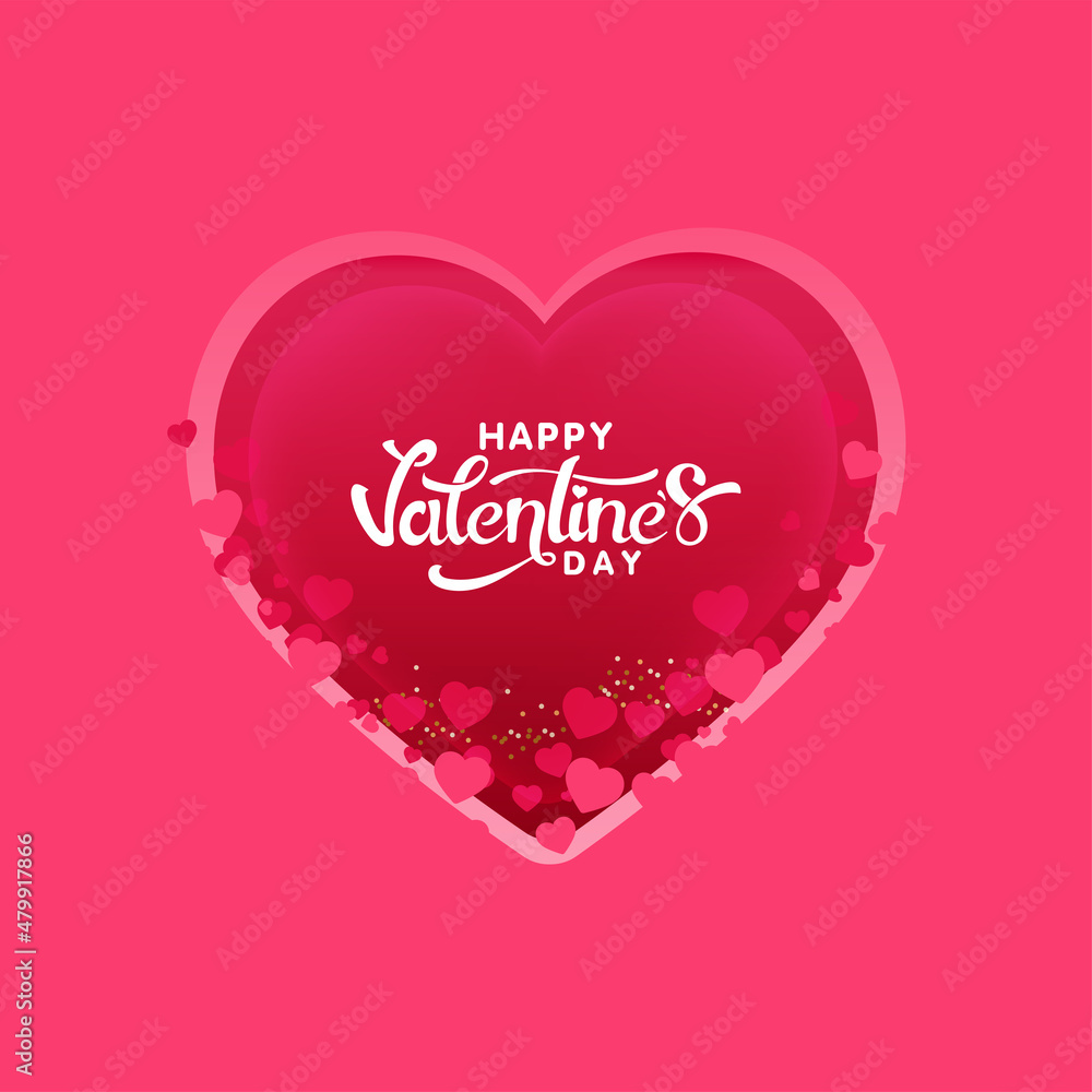 Happy Valentine's Day Greeting Card Decorated With Tiny Hearts On Pink Background.