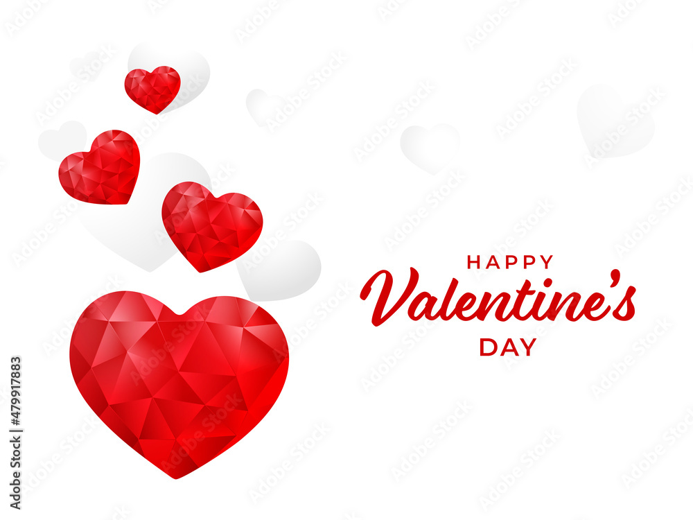 Happy Valentine's Day Font With Red Crystal Hearts On White Background.
