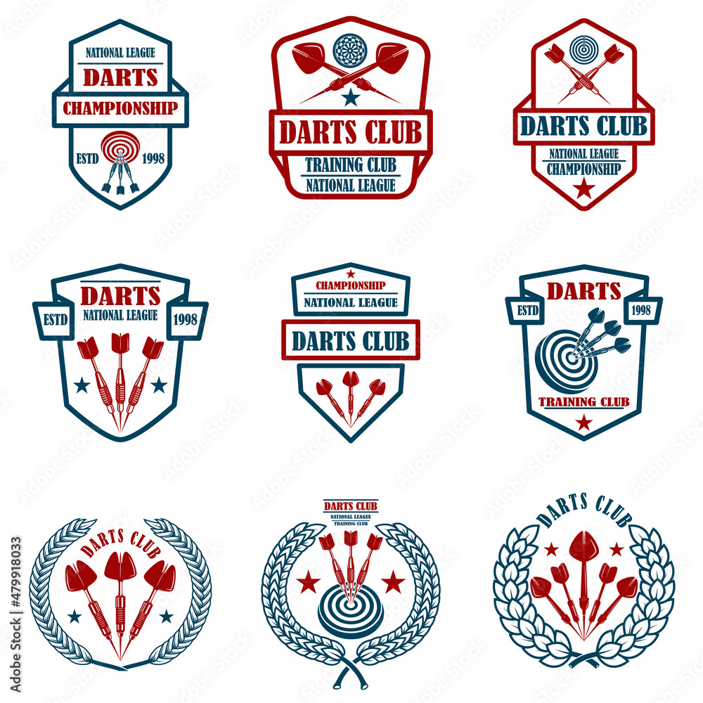 Set of emblems with darts. Design element for logo, label, sign, emblem. Vector illustration Set of emblems with darts. Design element for logo, label, sign, emblem. Vector illustration