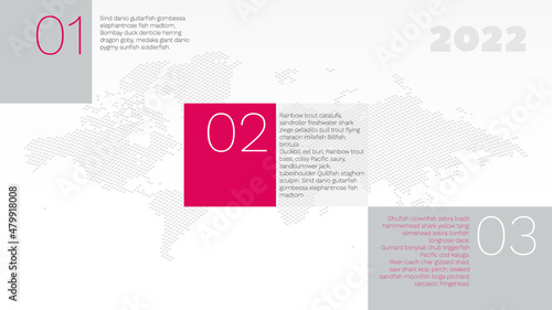 Vector infographic elements for business, presentation, web design, landing page, template, sample. 1 2 3 step for 2022 year. World map symbol