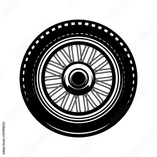 Wheel illustration in monochrome style. Design element for logo, label, sign, emblem. Vector illustration