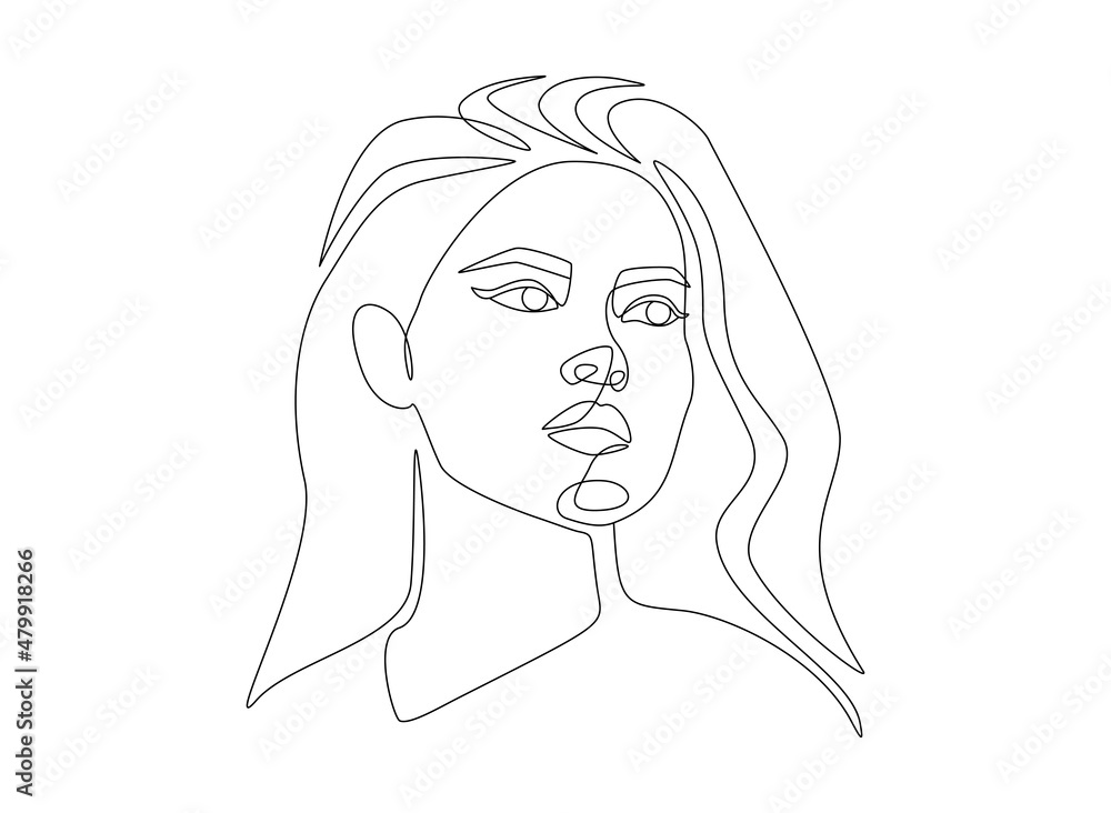 Woman face one line drawing. Minimalistic abstract female portrait in simple linear style for logo, prints, tattoos, posters, textiles, postcards. Editable stroke. Doodle Vector illustration Woman face one line drawing. Minimalistic abstract female portrait in simple linear style for logo, prints, tattoos, posters, textiles, postcards. Editable stroke. Doodle Vector illustration
