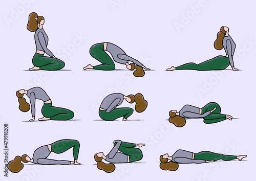 Illustration of a series of yoga poses for winding down before bed. Yoga class instructions, healthy exercise, fitness, lifestyle. Hand-drawn illustration with detailed texture. Ready to use design