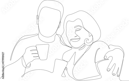 Continuous one line drawing of senior couple. Elderly people hug together. Old people in love. Man and woman on the path of life. Caring for each other. Vector illustration, freehand drawing