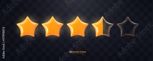 Isolated 3d vector rating stars on dark transparent background. Vote quality ranking yellow and glass star design elements