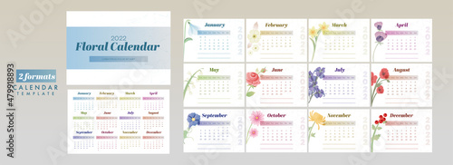 2 Formats Complete Set Of 12 Month For 2022 Floral Desk Calendar Design.