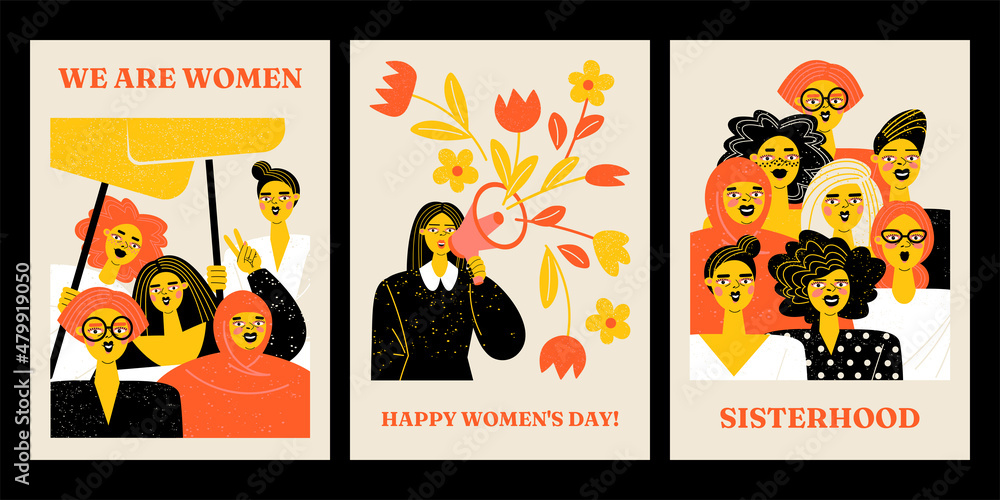Collection of vector illustrations for International Women's Day with groups of women of different nationalities