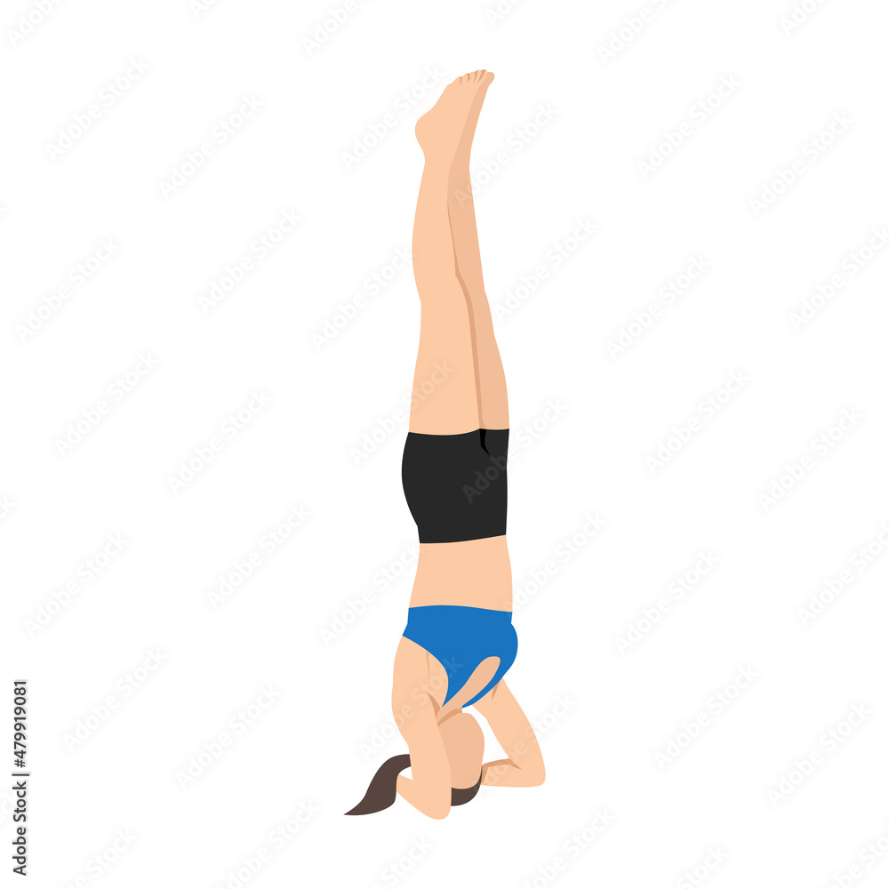 Woman doing Bound headstand pose or Buddha hasta sirsasana exercise. Flat vector illustration isolated on white background