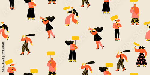 Seamless pattern for International Women's Day with women protesters with banners and megaphones.