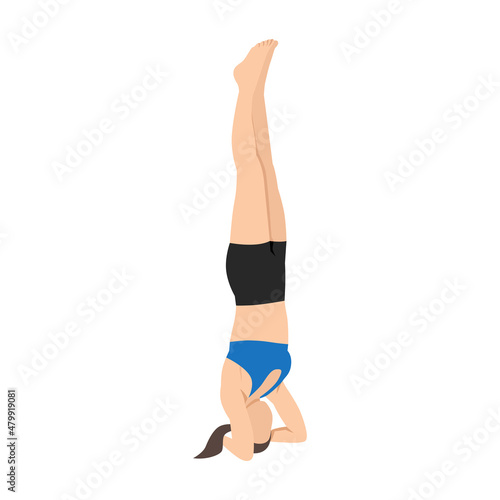 Woman doing Bound headstand pose or Buddha hasta sirsasana exercise. Flat vector illustration isolated on white background