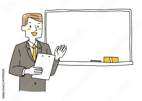 ホワイトボードを手で示すビジネスマン　温かみのある手描きの人物　白バックにベクター