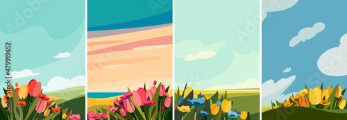 Landscapes with flowers on the meadow. Beautiful natural sceneries in portrait format.