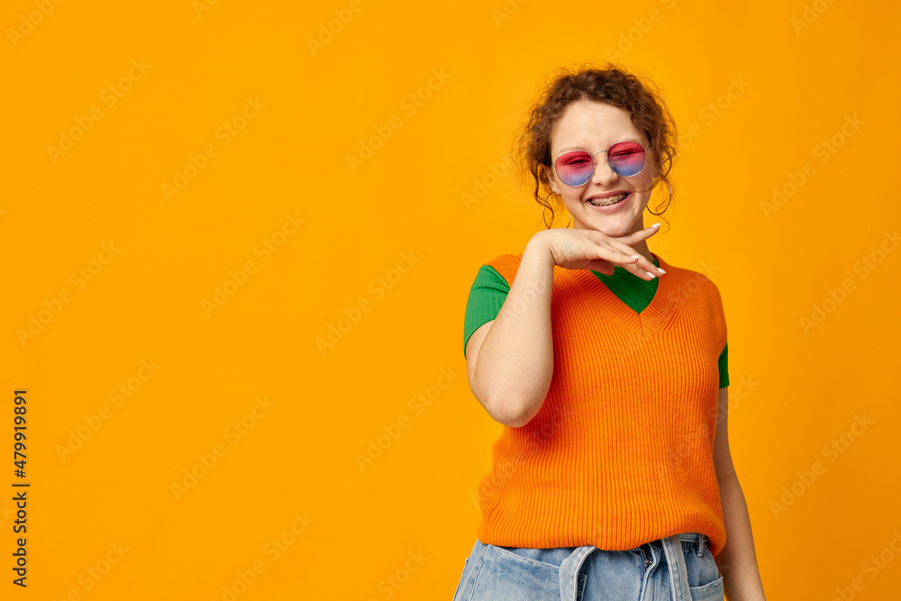funny girl multicolored sunglasses on face posing grimace cropped view unaltered funny girl multicolored sunglasses on face posing grimace cropped view unaltered